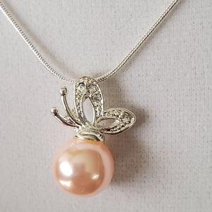 Butterfly & Pink Pearl. 925 Sterling Silver Neckla